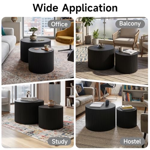 Nesting Round Coffee Table Set of 2 Black No Assembly | Nesting Coffee Tables for Living Room, MDF Wood Nightstands, Modern Drum Side End Tables with Vertical Fluted Design - color: Black