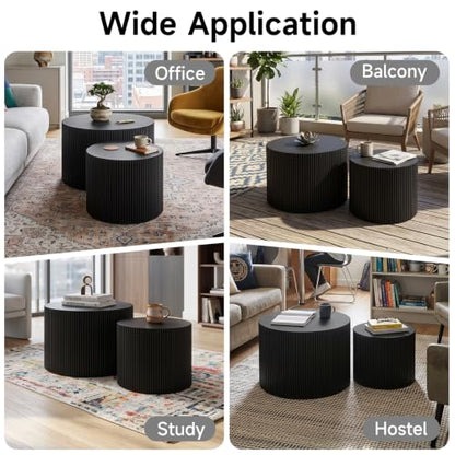Nesting Round Coffee Table Set of 2 Black No Assembly | Nesting Coffee Tables for Living Room, MDF Wood Nightstands, Modern Drum Side End Tables with Vertical Fluted Design - color: Black