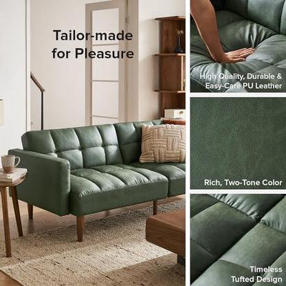 mopio 76.4" Futon Sofa Bed Tufted Styled, Sleeper Couch (Sage Green Faux Leather) - color: Aaron Pu, Sage Green