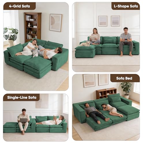 109" L Shape Modular Sectional Sofa with Ottoman, Boneless Couch Three-Layer Deep 3 Seat Convertible Pull Out Sofa Bed Sleeper for Living Room No Assembly 109" L-Green - size: 109"L