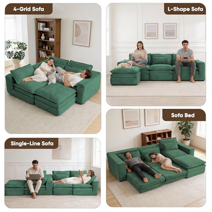 109" L Shape Modular Sectional Sofa with Ottoman, Boneless Couch Three-Layer Deep 3 Seat Convertible Pull Out Sofa Bed Sleeper for Living Room No Assembly 109" L-Green - size: 109"L