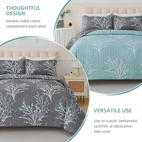 DJY Blue and Grey Reversible Comforter Set with Quilt Set Branch Flroal Pattern Bedding Set