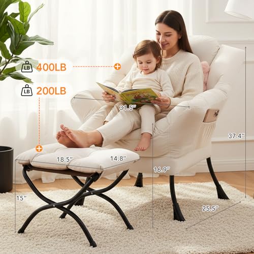 Lazy Chair with Ottoman, Comfy Reading Chair for Bedroom, Beige | Comfy Bedroom Accent Chair with Washable Removable Cover and extra throw pillow for Living Room Dorm - color: Velvet Beige