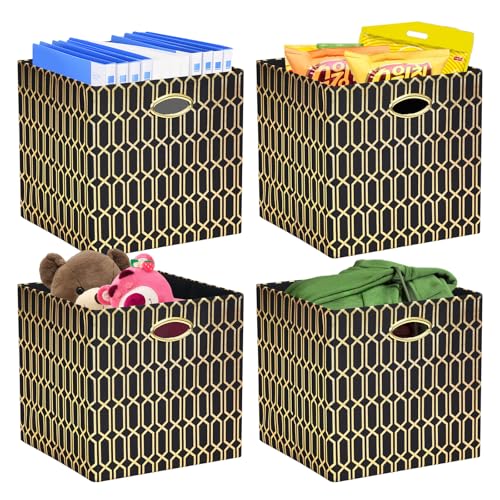 Posprica Storage Bins, Storage Cubes,13×13 Fabric Drawers Organizer Basket Boxes Containers (13×13×13/4pcs, Black/gold geometry Pattern) - color: Black/gold geometry Pattern, size: 13×13×13/4pcs