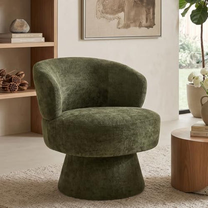 360° Swivel Accent Chair, Modern Chenille Barrel Chairs with Curved Back, Upholstered Round Lounge Chairs for Living Room, Bedroom, Vanity, Reading Nook, Small Spaces, Olive Green - color: Green 01, size: 1 Chair