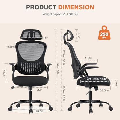 Sweetcrispy Computer Desk Chair, Mesh Office Chair with Lumbar Support | Ergonomic High-Back, Rolling Work, Adjustable Headrests, Flip-up Arms, Home Bedroom Study, Black - color: Black, style: Flip-up Armrest