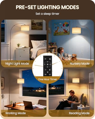 75" Arc Floor Lamp with Marble Base and Adjustable Height, Rotating Hanging Shade, Dimmable Floor Lamp for Living Room with Remote and Foot Switch, 3CCT, Over Couch Arched Light, Beige Brown VE15LD05 - color: Brown + Beige