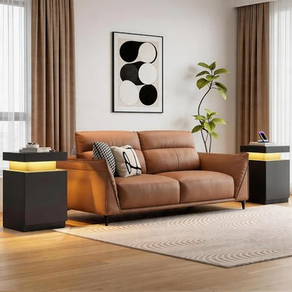 Nightstands Set of 2, 17.7 Inches LED Night Stand Set 2 with Power Outlets, Bedside Table with Sliding Top Storage, Modern End Table for Bedroom, Black - color: Black-17.7"