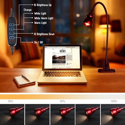 Zoomable Clip on Light, Clamp Reading Light for Dorm Bed Headboard, Dimmable Spotlight with 3 Color Temperature Options, 10 Dimmable Brightness Levels, Adjustable Beam Angle (Red) - color: Red