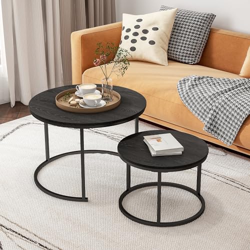 HOJINLINERO Round Nesting Coffee Table Set of 2,Wood Cocktail Table,Black | Center Table for Living Room,Small Apartment,Small Space,Side Tables,Easy Assembly,Sturdy Metal Frame Wooden Tabletop,Large - color: Black, size: Large