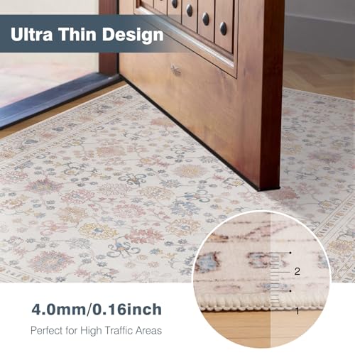 5x7 Washable Area Rug, Low Pile Faux Wool Carpet for Living Room, Bedroom, Dining Room, Vintage Flower Design, Non-Shedding Low-Pile Rug in Beige for High-Traffic Areas with Non-Slip Rubber Back