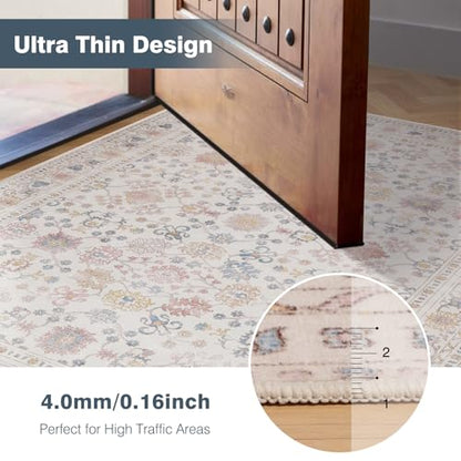 5x7 Washable Area Rug, Low Pile Faux Wool Carpet for Living Room, Bedroom, Dining Room, Vintage Flower Design, Non-Shedding Low-Pile Rug in Beige for High-Traffic Areas with Non-Slip Rubber Back