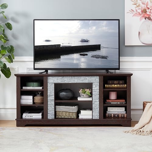 Cherry 58 Inch TV Stand for TVs up to 65 inch, Wood Entertainment Center with Faux Stacked Stone Surround and Open Storage, Media Console with 6 Cable Management Holes for Living Room - color: Cherry-a