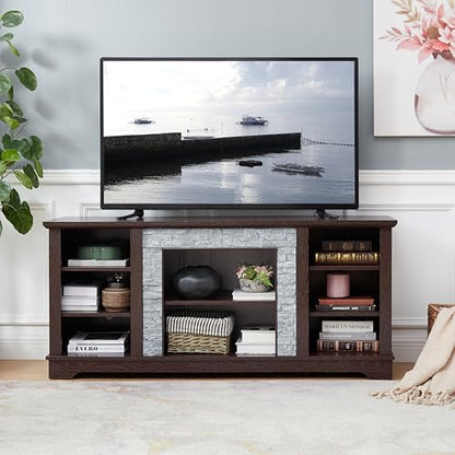 Cherry 58 Inch TV Stand for TVs up to 65 inch, Wood Entertainment Center with Faux Stacked Stone Surround and Open Storage, Media Console with 6 Cable Management Holes for Living Room - color: Cherry-a