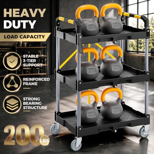 KINGRACK 3 Tier Rolling Folding Utility Cart with Wheel for Garage Workshop | Folding Utility Cart,200LBS Capacity with Fixed Rope,Ergonomic Textured Grip Handle