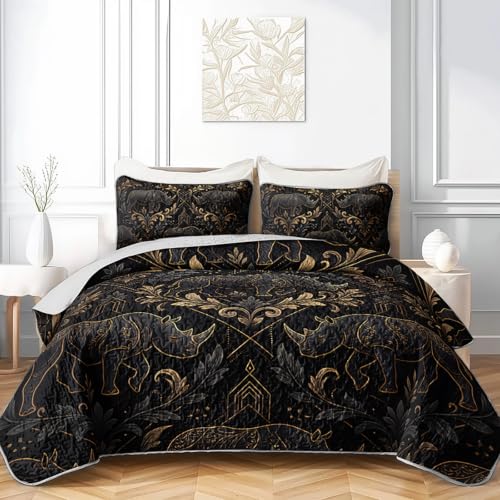 AILONEN Damask Elephant Queen Quilted Comforter Set, Black Gold Printed Bedding with 2 Pillowcases, Microfiber Filling, Master Family Bedroom - color: Black Striped Elephant, size: Queen