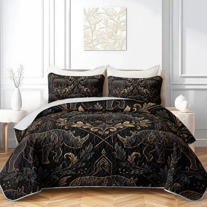 AILONEN Damask Elephant Queen Quilted Comforter Set, Black Gold Printed Bedding with 2 Pillowcases, Microfiber Filling, Master Family Bedroom - color: Black Striped Elephant, size: Queen