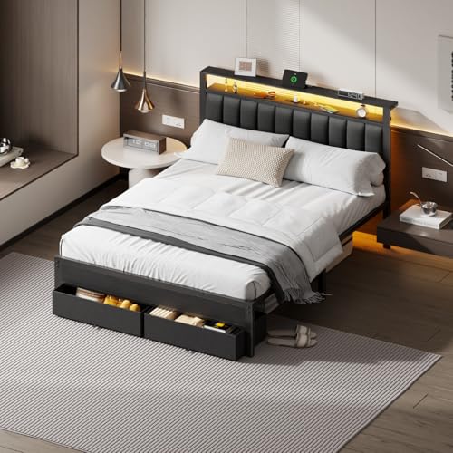 Queen Bed Frame with Storage Drawers and Upholstered Headboard | Metal Platform Bed with Charging Station, LED Lights, 2 Tier Shelves, Fabric Drawers. No Box Spring Needed, Noise Free, Grey - size: Queen