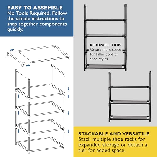Sundaze Shoe Rack - 4 Tier Shoe Rack for Closet, Sturdy Stackable Shoe Organizer for Closet, Bedroom, Entryway, Garage, Non Woven Fabric Shelf, Black, Holds 8-12 Pairs - size: 4 Tier (18.3" W)