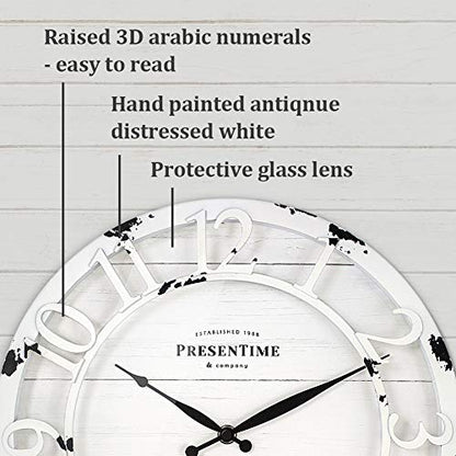 13" Farmhouse Series Wall Clock | Quartz Movement, Shiplap Style, Raised 3D Arabic Numeral, Antique Distressed White - color: Antique Distressed White, size: 13 inch