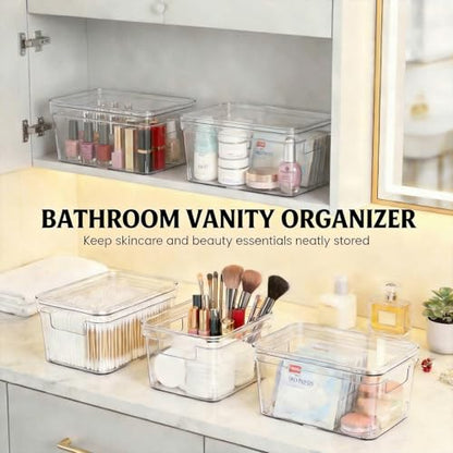 MOONEDGE 2 Pack 10x6x5 Stackable Small Clear Storage Bins with Lids | Plastic small item organizer containers with handles for vanity, craft, office, fridge, kitchen, pantry, bathroom and closet - size: 2 Pack