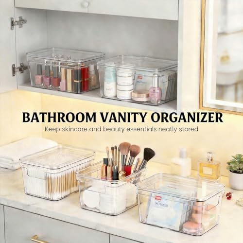 MOONEDGE 4-Pack 10x6x5 Stackable Small Clear Storage Bins with Lids | Plastic small item organizer containers with handles for vanity, craft, office, fridge, kitchen, pantry, bathroom and closet - size: 4 Pack