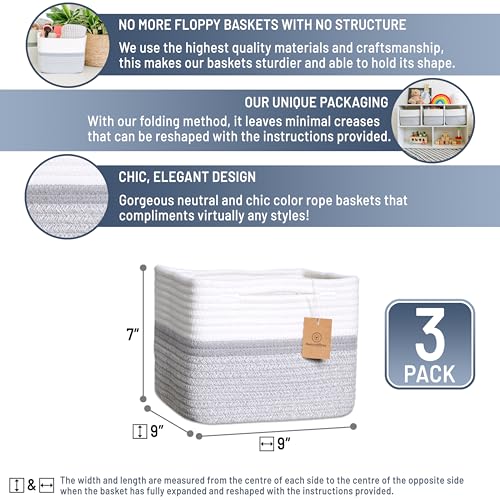 NaturalCozy Storage Cubes 9”x9”x7”Cotton Rope Woven Baskets for Organizing 3-Pack | 9 Inch Cube Storage Bin | Small Basket for Shelf Nursery, Pantry, Decorative Plant, Bathroom Closet, Toy Gift - color: Off White & Gray & Mixed Gray
