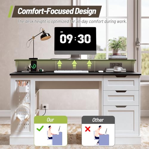 55-Inch Farmhouse Executive Desk with 2 Drawers and File Cabinet, Computer Desk with 3-Tier Storage Shelves, Home Office Desk with Charging Station, Pegboard and Monitor Shelf, White and Black - color: White and Black