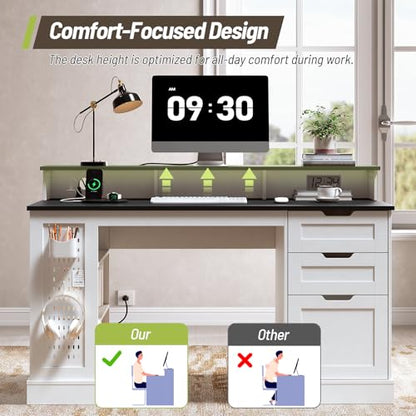 55-Inch Farmhouse Executive Desk with 2 Drawers and File Cabinet, Computer Desk with 3-Tier Storage Shelves, Home Office Desk with Charging Station, Pegboard and Monitor Shelf, White and Black - color: White and Black