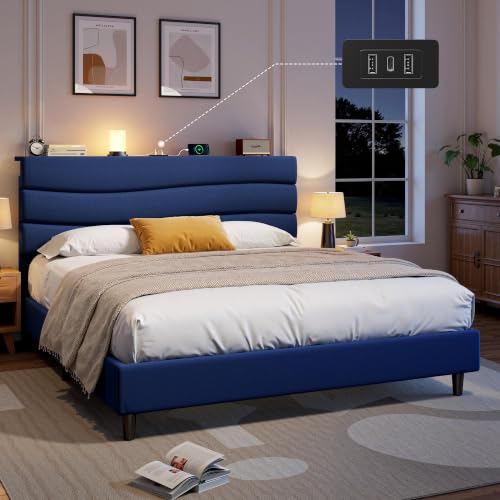 EnHomee Queen Bed Frame with Upholstered Headboard & Charging Station | Adjustable height, Wave design, 2 USB & 1 Type-C ports, Under-bed storage, Noise-free, No box spring needed, Navy Blue - color: Navy Blue, size: Queen
