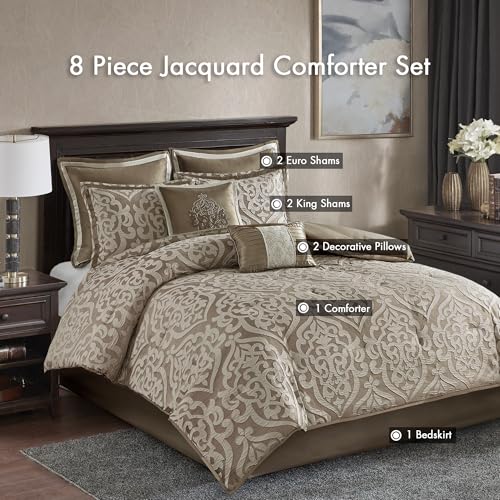 Madison Park Odette Cozy Comforter Set Jacquard Damask Medallion Design - Modern All Season, Down Alternative Bedding, Shams, Decorative Pillows, Cal King(104 in x 92 in), Tan 8 Piece | All Season Down Alternative Bedding with Comforter, Shams, Bed Skirt,