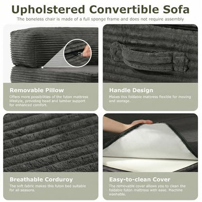 5-in-1 Convertible Sofa Bed, Boneless Loveseat, Tri-fold Futon Sofa Bed with Removable Cushions & Washable Cover, Pull Out Couch with Handle, for Small Spaces, Queen Size, Grey - color: Grey, size: Queen Size-80''L*60''W
