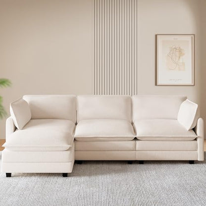 ROWHY 112'' Modular Sectional Cloud Couch with Movable Ottoman, 4 Seat Modern Chenille Sofa, Deep Seat L Shaped Couch for Living Room Bedroom Apartment,Cream White - color: Cream White, size: 112''