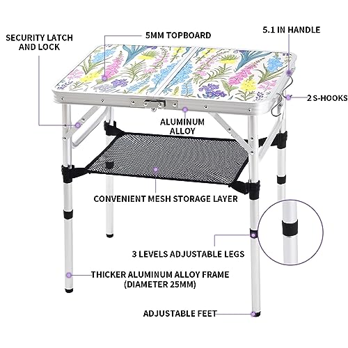 Yriuat Folding Camping Table 2ft Portable Pinic Table Adjustable Height Small Card Table Aluminum Foldable Lightweight with Carry Handle for Outdoor Indoor Hiking Camp BBQ Beach (Blooming Floral) | Adjustable Height, Carry Handle, Aluminum Foldable Lightw