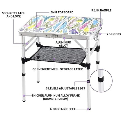 Yriuat Folding Camping Table 2ft Portable Pinic Table Adjustable Height Small Card Table Aluminum Foldable Lightweight with Carry Handle for Outdoor Indoor Hiking Camp BBQ Beach (Blooming Floral) | Adjustable Height, Carry Handle, Aluminum Foldable Lightw