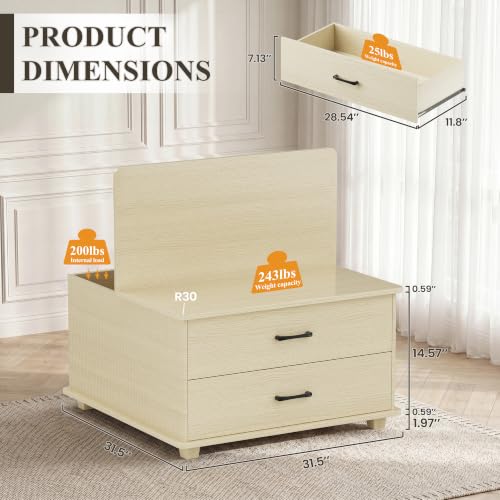 MALOL Square Storage Coffee Table with 2 Drawers, Hidden Storage Beneath Flip-Top Lid, Modern Fluted Wood Coffee Table with Solid Wood Legs for Living Room, Light Wood - color: Light Wood