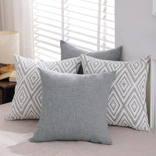HPUK Throw Pillow Covers 18x18, Set of 4, Grey Textured Couch Pillow Covers | Polyester fabric, patterned and solid designs, hidden zippers, machine washable, for sofas and beds, inserts not included - color: Grey, size: 18" x 18" (Pack of 4)