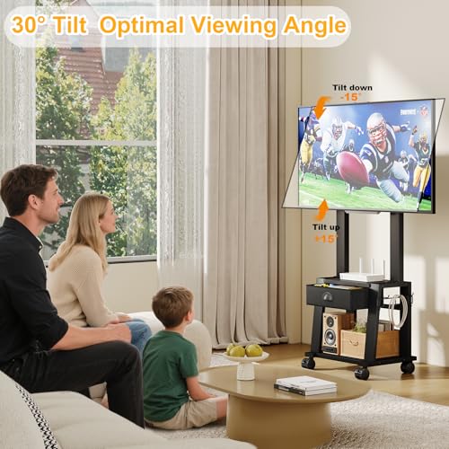 Rolling TV Stand with Storage for 23-60 Inch TVs up to 88 lbs, Height Adjustable Tilt Mobile TV Mount Cart with Drawer & 2 Shelves, Space-Saving Corner Design for Bedroom Living Room, VESA 400x400mm - size: 1 Drawers