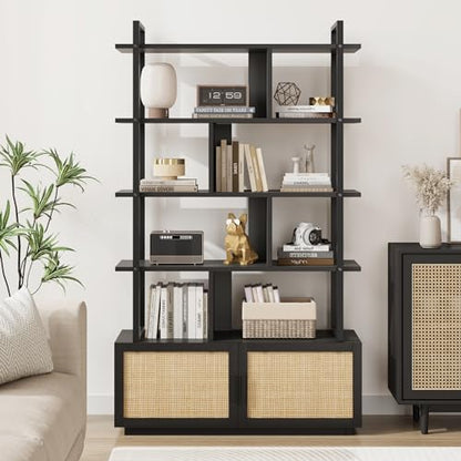 IDEALHOUSE 5 Tier Rattan Bookshelf with Storage Cabinet & Door, 71.1 Inch Tall Industrial Book Shelf with Open Display Shelves, 5 Shelf Bookcase with Metal Frame for Living Room, Bedroom -Black - color: Black