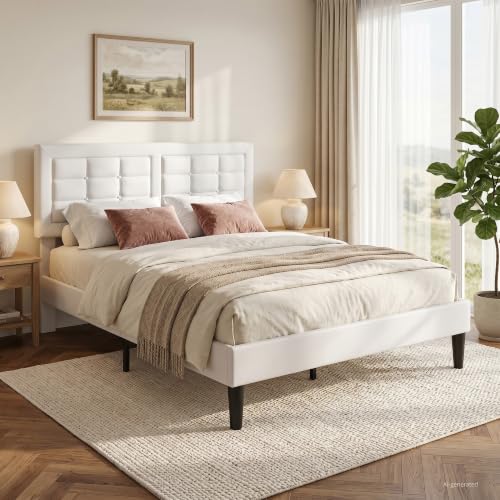 VECELO Queen Size Bed Frame, Adjustable Upholstered Button Tufted Headboard, Heavy-Duty Bedframe with Wood Slats Support, No Box Spring Needed, Linen & White - color: Linen & White, size: Queen, style: Bed Frame