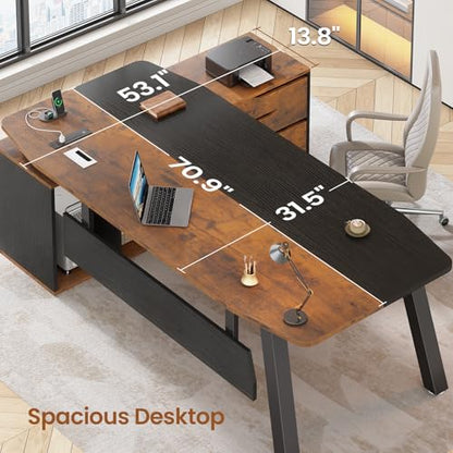 SEDETA 71" L Shaped Executive Desk with File Cabinet & Power Outlet | Computer Desk with 3 Storage Drawers, Adjustable Shelves, CPU Stand, Privacy Baffle, Modern Desk for Home Office, Brown - color: Brown