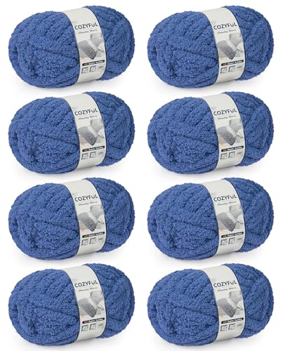 Cozyful Chunky Yarn for Hand Knitting, #9 Thick Jumbo Big Chunky Yarn for Crocheting, Super Chunky Knit Blanket Yarns, Large Chunky Chenille Yarns, 8 Pack (30 yds 8 oz Each Skein), Country Blue - color: Country Blue