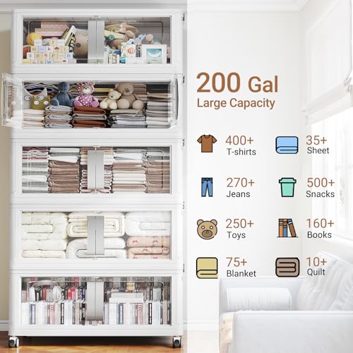 BROVIEW 800Qt Extra Large Stackable Storage Bins with Lids, 5-Pack White | 200Gal Collapsible Storage Bin with Wheels Clear Door, Folding Plastic Closet Organizers and Storage Drawers for Home Kitchen