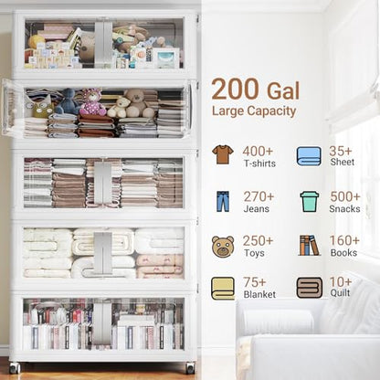 BROVIEW 800Qt Extra Large Stackable Storage Bins with Lids, 5-Pack White | 200Gal Collapsible Storage Bin with Wheels Clear Door, Folding Plastic Closet Organizers and Storage Drawers for Home Kitchen