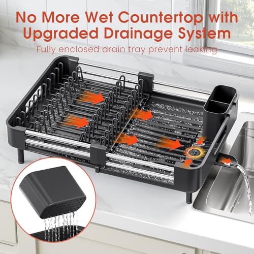 TOOLF Expandable Dish Drying Rack with Cutlery Holder, Standard, Black | Stainless Steel &PP, Extenable 12.6"-18.7"D, Anti-Rust, Auto-Drainage, Space-Saving, Fit for RV, Apartment Sink Countertop - color: Black