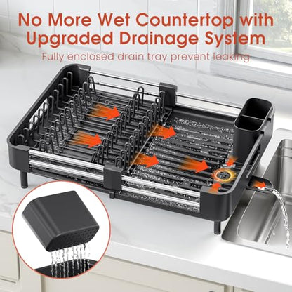 TOOLF Expandable Dish Drying Rack with Cutlery Holder, Standard, Black | Stainless Steel &PP, Extenable 12.6"-18.7"D, Anti-Rust, Auto-Drainage, Space-Saving, Fit for RV, Apartment Sink Countertop - color: Black
