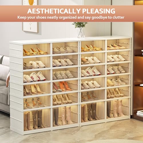 SYNCVIBE Shoe Rack Organizer for Closet, 6 Tiers, 24 Pairs, 34.2" Wide | Foldable Shoe Storage, Collapsible Shoe Cabinet with Doors, Stackable Plastic Shoe Shelves for Entryway and Living Room - size: 6 Tiers -24 Pairs White