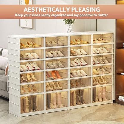 SYNCVIBE Shoe Rack Organizer for Closet, 6 Tiers, 24 Pairs, 34.2" Wide | Foldable Shoe Storage, Collapsible Shoe Cabinet with Doors, Stackable Plastic Shoe Shelves for Entryway and Living Room - size: 6 Tiers -24 Pairs White