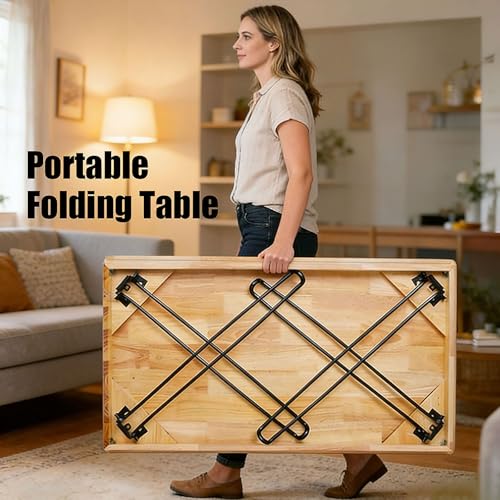 Solid Oak Folding Desk 43 Inch No Assembly Portable Table | Foldable steel legs ，Natural Wood Grain Finish，Lightweight for Easy Moving， for Home Office Writing Reading
