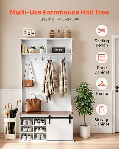 VEVOR Hall Tree with Bench and Shoe Storage, 42" Wide, Entryway Hall Tree with Bench, Hanging Hooks, Storage Shelves, Adjustable Shoe Shelves, Wooden Furniture for Mudroom, Entryway, Hallway, White - size: 41.7 x 15.7 x 78.7 in